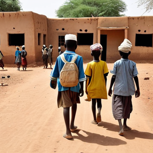 Home 19 **A remote village in Mali. Children in tattered clothes walking a long, dusty road to a dilapidated school building. One teacher instructing multiple classes of students of varying ages with limited resources. A sense of poverty and struggle is palpable.**