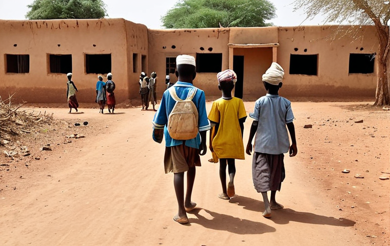 **A remote village in Mali. Children in tattered clothes walking a long, dusty road to a dilapidated school building. One teacher instructing multiple classes of students of varying ages with limited resources. A sense of poverty and struggle is palpable.**