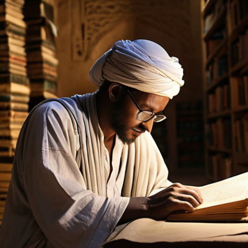 Home 18 **Ancient Timbuktu Library:** Capture the interior of a dimly lit Timbuktu library. Focus on stacks of weathered, ancient manuscripts written in Arabic script. Soft, diffused light illuminates a scholar carefully examining a page. Emphasize the age and preservation of knowledge within a desert oasis.