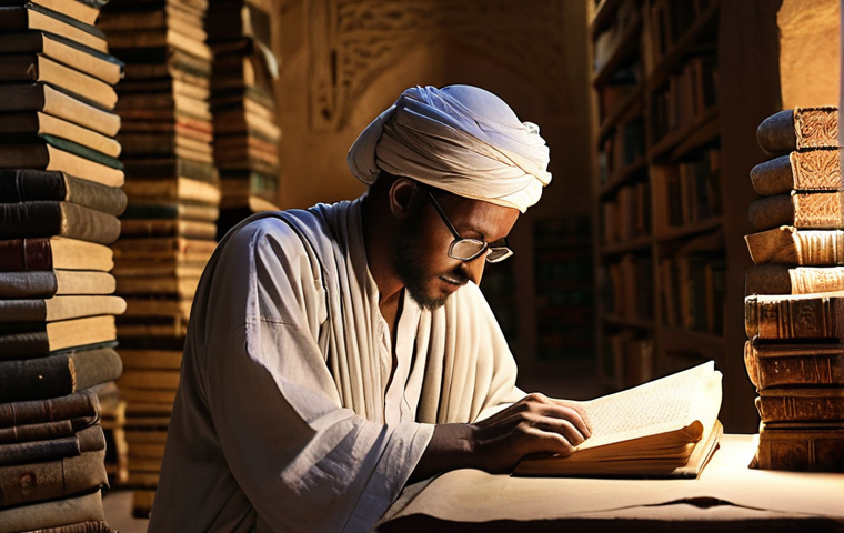 **Ancient Timbuktu Library:** Capture the interior of a dimly lit Timbuktu library. Focus on stacks of weathered, ancient manuscripts written in Arabic script. Soft, diffused light illuminates a scholar carefully examining a page. Emphasize the age and preservation of knowledge within a desert oasis.