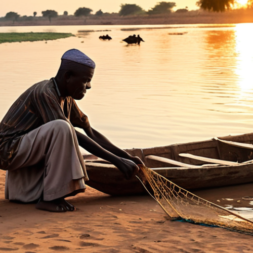 Home 17 **
A multigenerational scene on the Niger River. In the foreground, an old man, possibly a grandfather, is weaving a traditional fishing net. In the background, children are playing near the riverbank. The setting sun casts a warm glow, highlighting the traditional way of life and the connection to the river. Show a wooden boat nearby.
**
