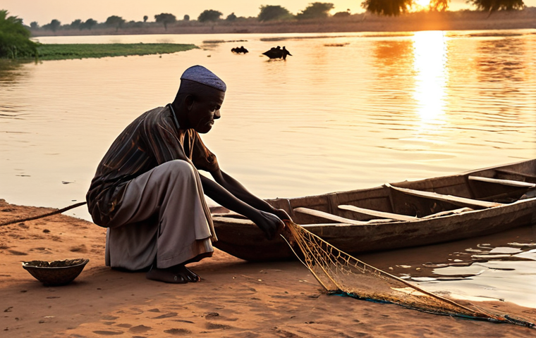 **

A multigenerational scene on the Niger River. In the foreground, an old man, possibly a grandfather, is weaving a traditional fishing net. In the background, children are playing near the riverbank. The setting sun casts a warm glow, highlighting the traditional way of life and the connection to the river. Show a wooden boat nearby.

**