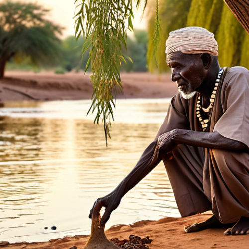 Home 8 A serene scene depicting an elderly Malian fisherman, his face etched with wisdom, kneeling by the tranquil waters of the Niger River. He performs a small, respectful offering, scattering millet grains into the water. Ancient, gnarled trees line the riverbank, symbolizing the presence of nature spirits. The atmosphere is one of deep reverence and harmony with the environment, illuminated by the soft light of dawn or dusk. Traditional Malian attire.