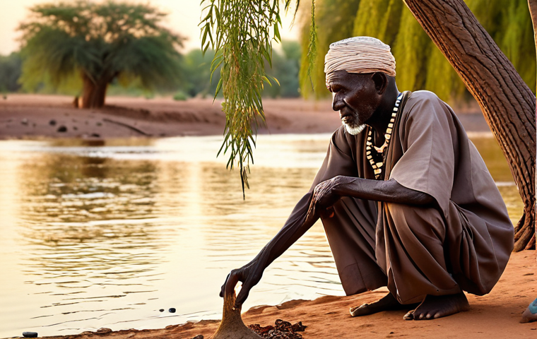 A serene scene depicting an elderly Malian fisherman, his face etched with wisdom, kneeling by the tranquil waters of the Niger River. He performs a small, respectful offering, scattering millet grains into the water. Ancient, gnarled trees line the riverbank, symbolizing the presence of nature spirits. The atmosphere is one of deep reverence and harmony with the environment, illuminated by the soft light of dawn or dusk. Traditional Malian attire.