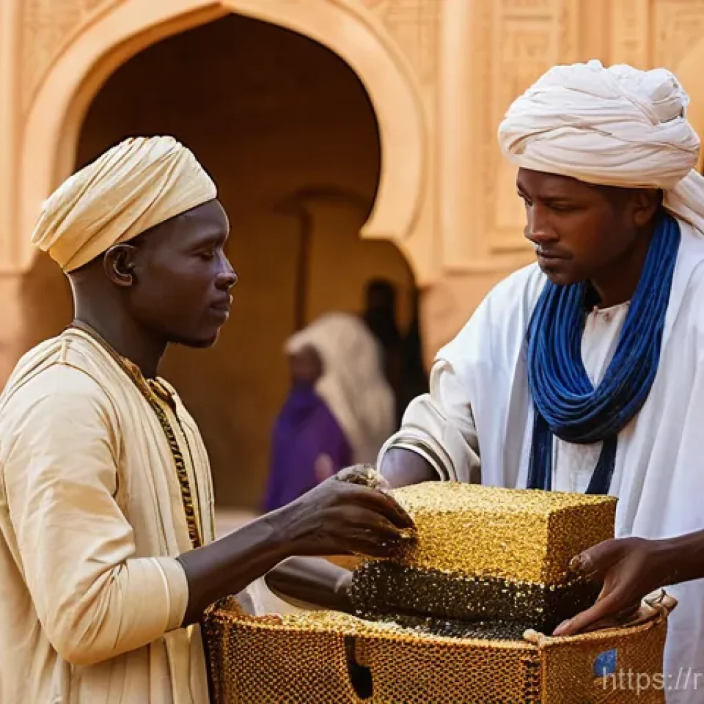 말리 내전과 테러 위협 - **Prompt:** A vibrant, bustling ancient marketplace in the heart of a grand West African empire, rem...