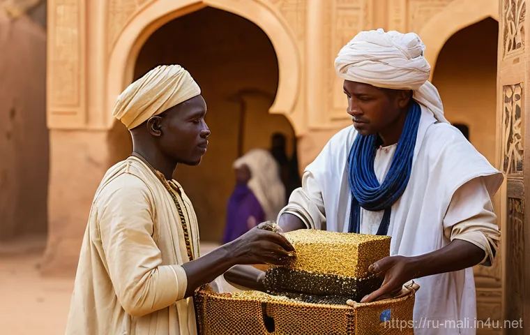 말리 내전과 테러 위협 - **Prompt:** A vibrant, bustling ancient marketplace in the heart of a grand West African empire, rem...