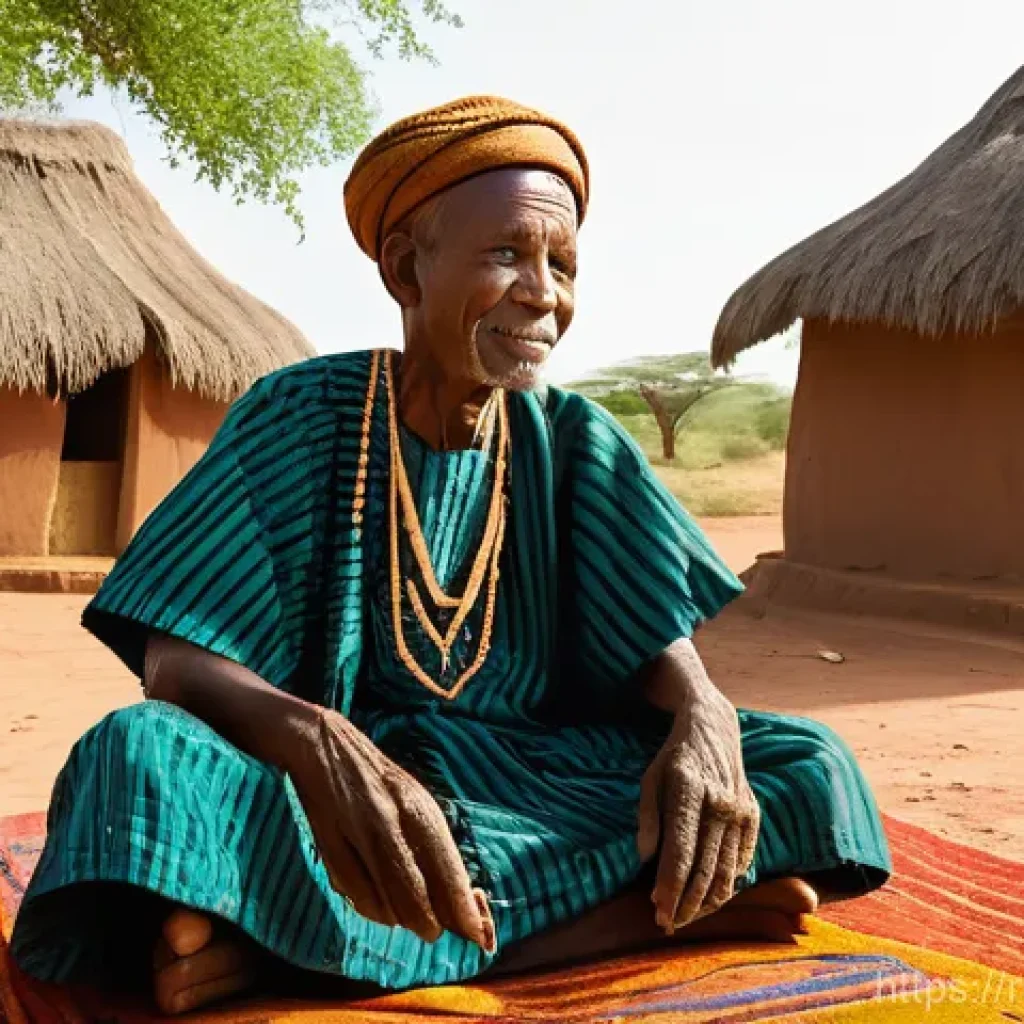 말리에서 유명한 작가들 - The Griot's Wisdom: An Intergenerational Tale**
A wise, elderly Malian griot with a deeply expressiv...
