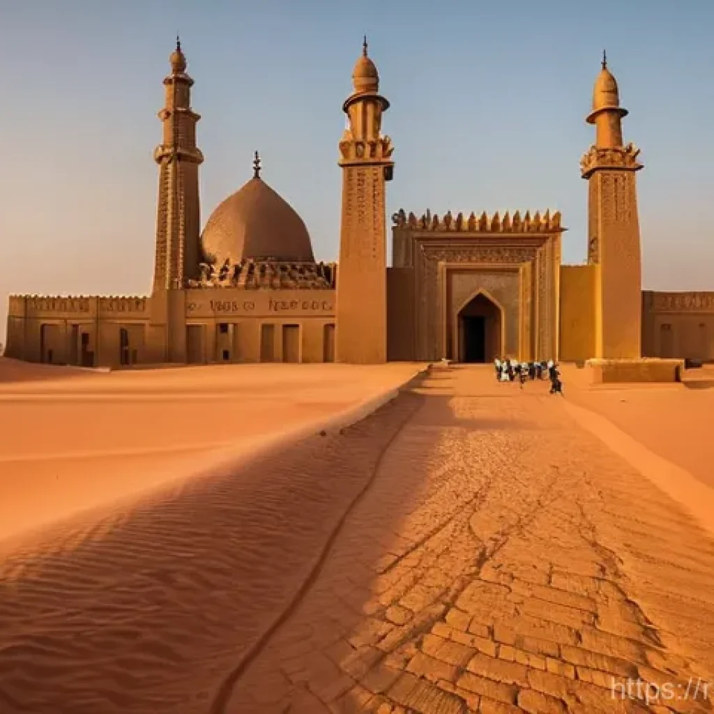 팀북투 관광 명소 - **"The Ancient Heart of Timbuktu: Djinguereber Mosque at Dawn"**
    A majestic wide shot of the Dji...