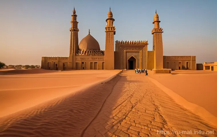 팀북투 관광 명소 - **"The Ancient Heart of Timbuktu: Djinguereber Mosque at Dawn"**
A majestic wide shot of the Dji...