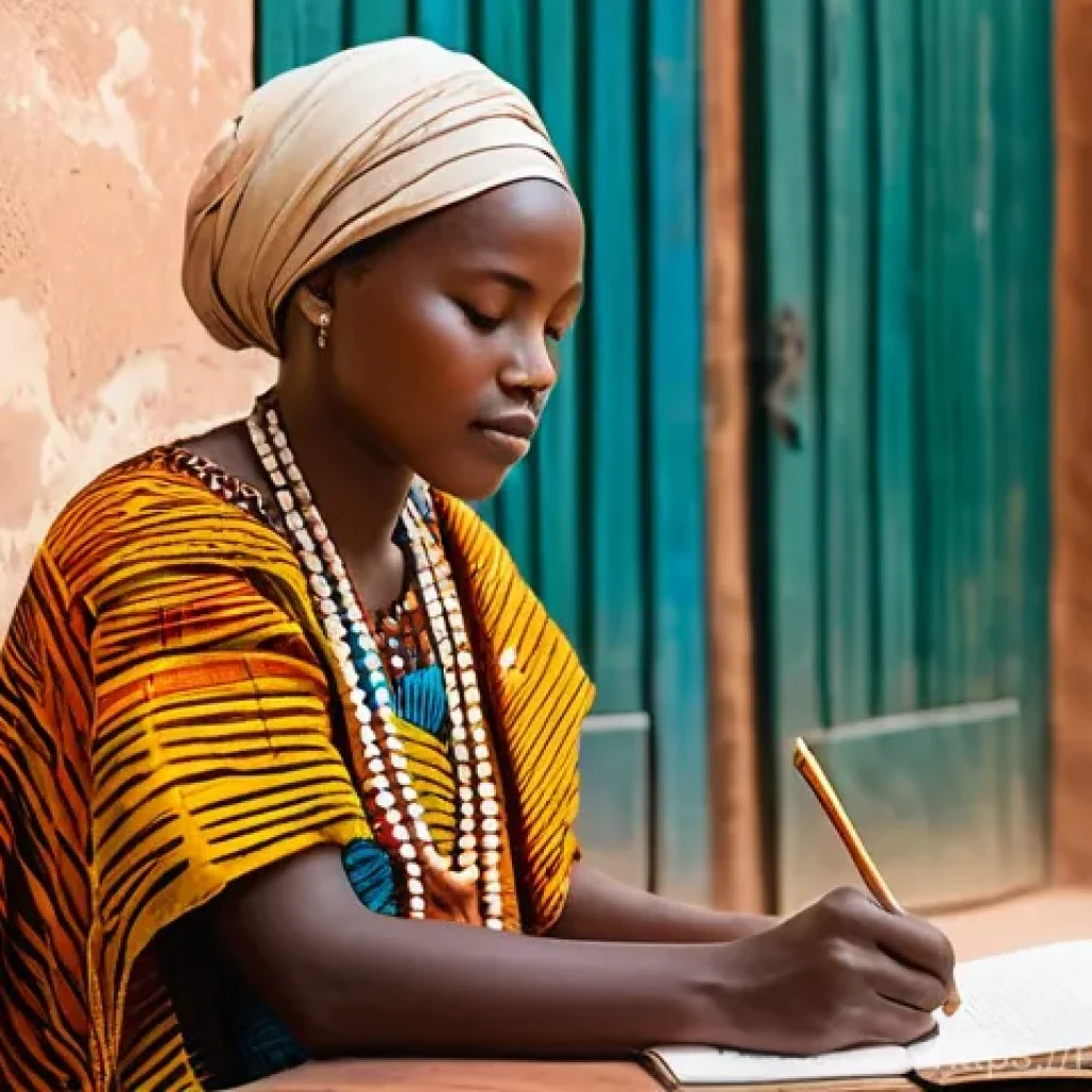 말리의 현대 문학과 저널리즘 - **A Contemporary Malian Writer Inspired by Tradition:** A young Malian woman, dressed in a stylish y...