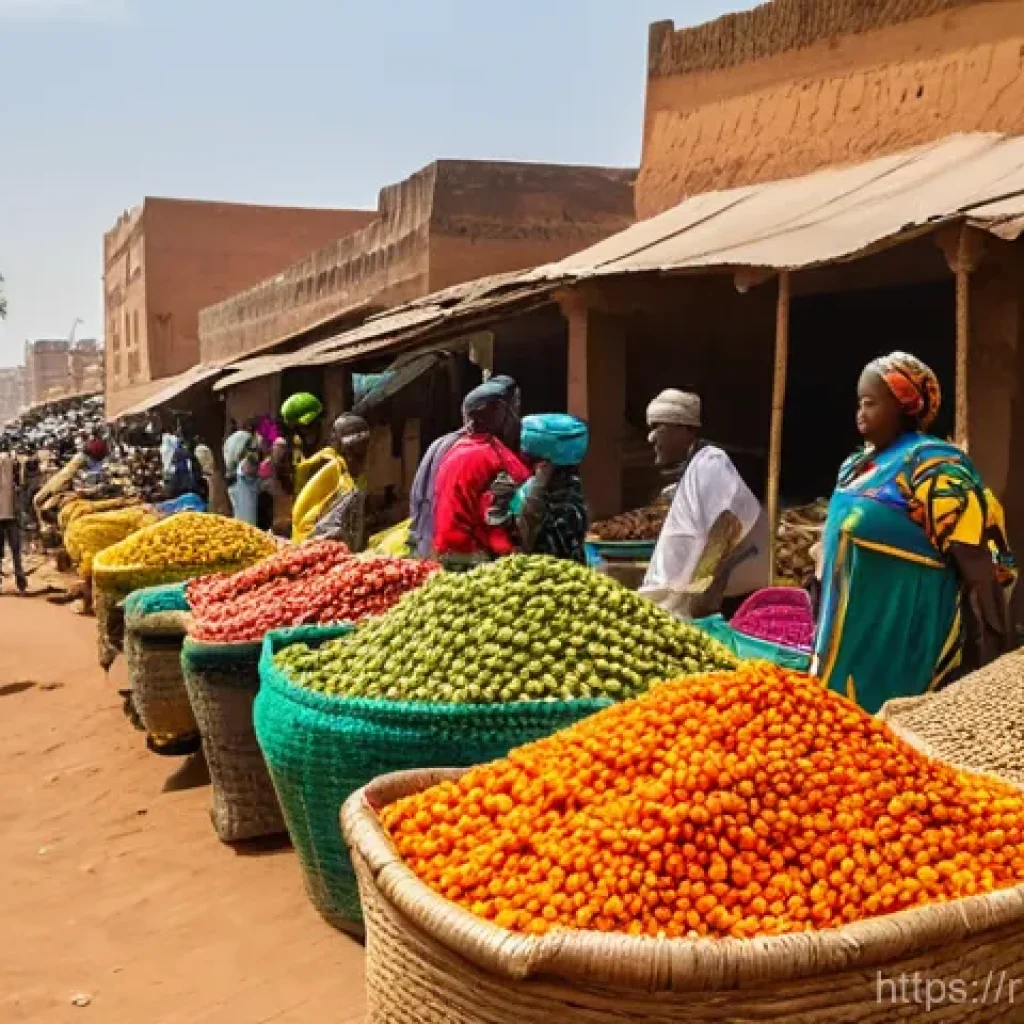 말리에서의 생활비와 물가 - A vibrant, sunlit outdoor market in Bamako, Mali. Numerous local vendors, both men and women, are dr...
