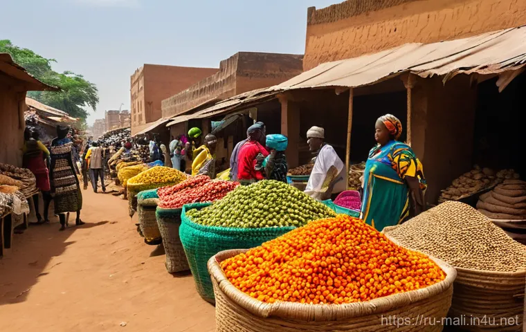 말리에서의 생활비와 물가 - A vibrant, sunlit outdoor market in Bamako, Mali. Numerous local vendors, both men and women, are dr...