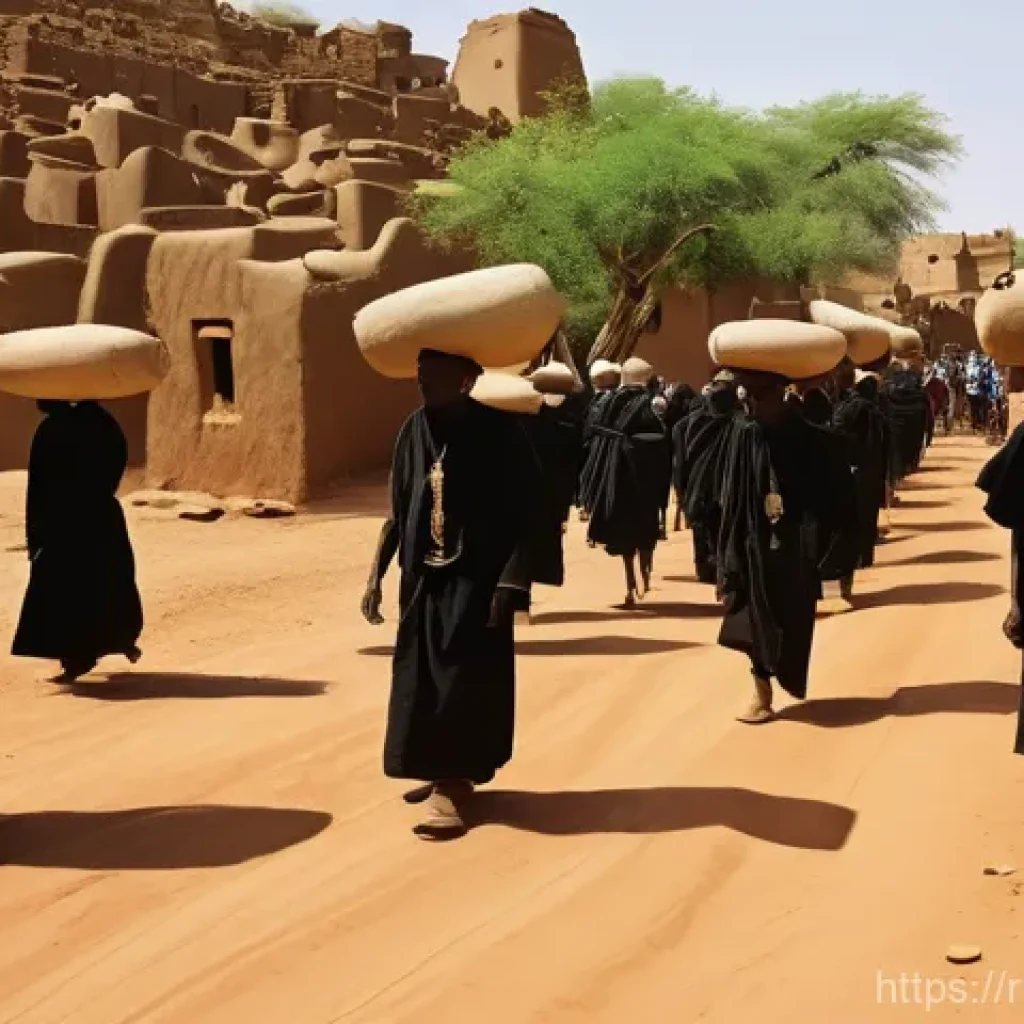 말리에서의 장례 문화 - **Prompt:** A solemn yet vibrant Malian funeral procession in a traditional Dogon village. In the fo...