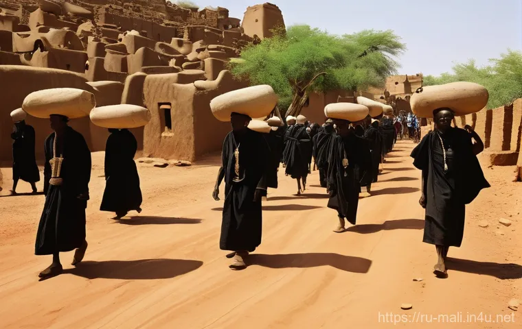 말리에서의 장례 문화 - **Prompt:** A solemn yet vibrant Malian funeral procession in a traditional Dogon village. In the fo...