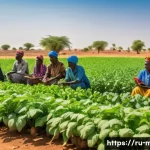 Home 22 말리의 비즈니스 및 창업 기회 - A vibrant Malian agricultural scene showcasing small-scale farmers working in a sunlit field with di...