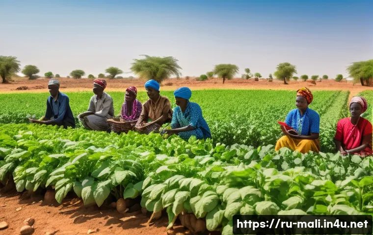 말리의 비즈니스 및 창업 기회 - A vibrant Malian agricultural scene showcasing small-scale farmers working in a sunlit field with di...