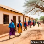 Home 21 말리에서의 여성 인권 문제 - A vibrant rural Malian village scene showcasing young girls in colorful traditional clothing and sch...