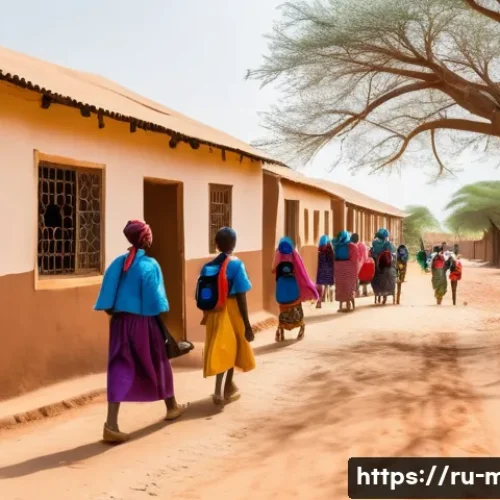 Home 33 말리에서의 여성 인권 문제 - A vibrant rural Malian village scene showcasing young girls in colorful traditional clothing and sch...