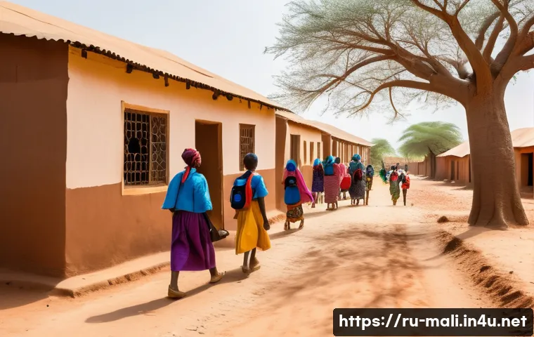 말리에서의 여성 인권 문제 - A vibrant rural Malian village scene showcasing young girls in colorful traditional clothing and sch...