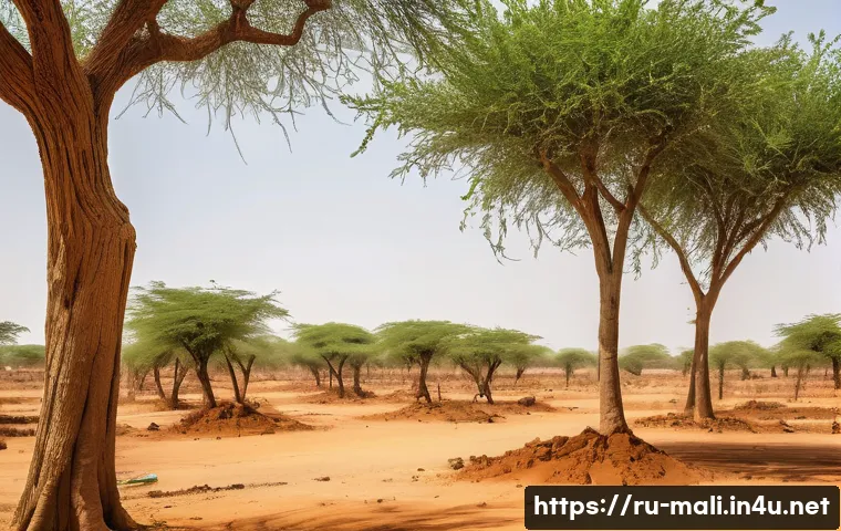 말리와 사하라 사막화 문제 - A detailed landscape of the Sahel region showing desertification effects: cracked, dry soil with spa...