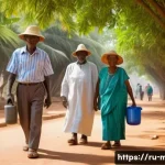 Home 19 말리에서 은퇴 후 생활 - A warm, sunny outdoor scene in Bamako, Mali, featuring a group of elderly people dressed in lightwei...