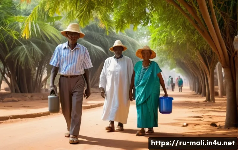 말리에서 은퇴 후 생활 - A warm, sunny outdoor scene in Bamako, Mali, featuring a group of elderly people dressed in lightwei...