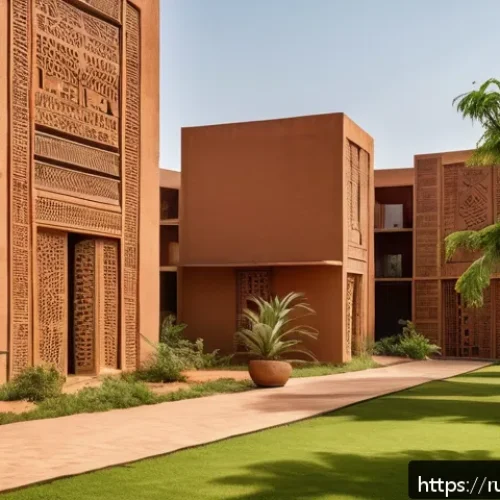 Home 30 말리에서의 현대 건축과 디자인 - A modern residential complex in Bamako built with traditional sun-dried clay bricks, featuring thick...
