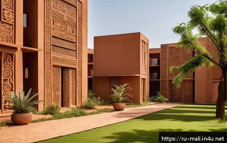 말리에서의 현대 건축과 디자인 - A modern residential complex in Bamako built with traditional sun-dried clay bricks, featuring thick...
