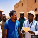 Home 23 말리에서의 여행 가이드 고용법 - A licensed professional tour guide in Mali, wearing smart casual clothing and a visible official bad...