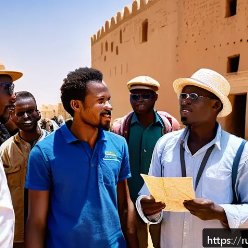 Home 17 말리에서의 여행 가이드 고용법 - A licensed professional tour guide in Mali, wearing smart casual clothing and a visible official bad...