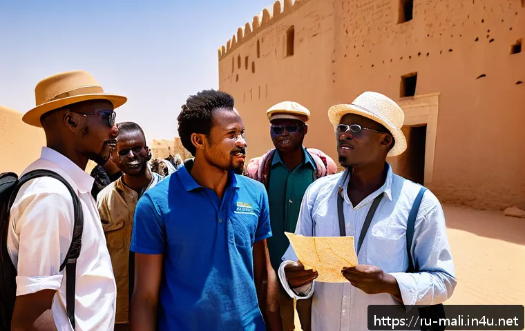 말리에서의 여행 가이드 고용법 - A licensed professional tour guide in Mali, wearing smart casual clothing and a visible official bad...