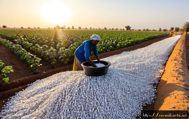 말리의 경제와 산업 - Photorealistic wide-angle view of Mali’s cotton economy: sunlit cotton field near Sikasso with Malia...