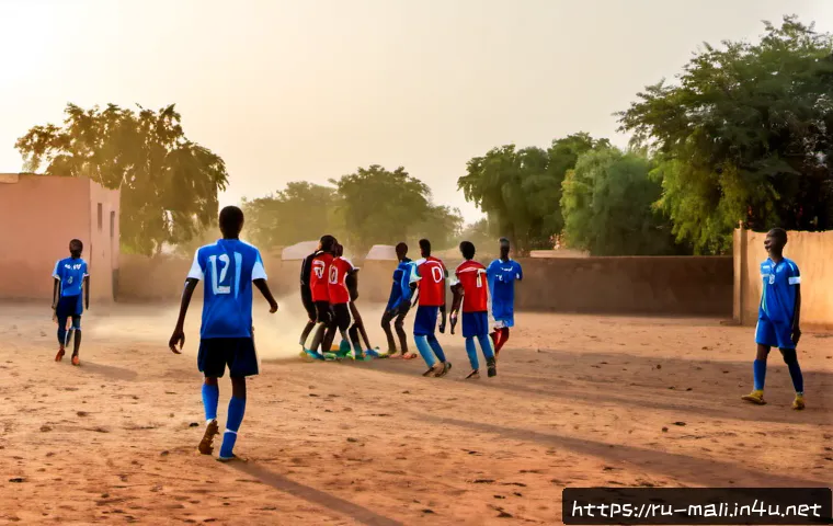 말리 스포츠 문화 - Photorealistic Mali sports culture scene, teenage and adult football players practicing on a dusty n...