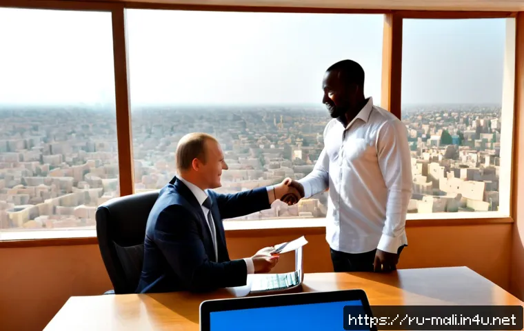 말리에서 사업하기 - Photorealistic business meeting in a modern Bamako office, Russian-speaking entrepreneur in smart ca...