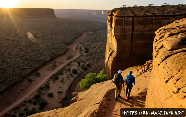 말리에서의 트레킹 코스 - Photorealistic sunrise trekking scene on the Bandiagara Escarpment in Mali, two adult Russian hikers...