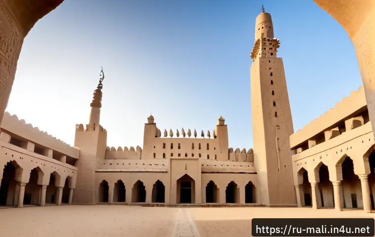 젠네 모스크 - Photorealistic wide-angle view of the Great Mosque of Djenné in Mali at sunrise, monumental mud-bric...
