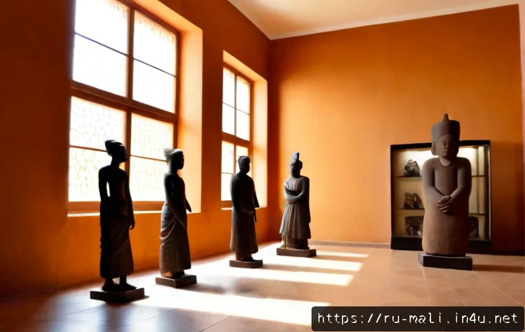 Home 17 말리에서의 유명 박물관과 전시관 - Photorealistic interior of a renowned Mali museum, sunlit gallery featuring ancient terracotta sculp...